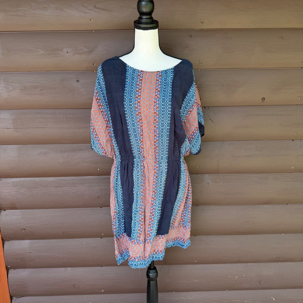 Ariat Geometric Print Mini Dress Womens XL Navy Blue Orange Boho Short Sleeve